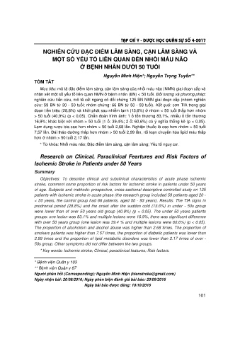 Nghiên cứu đặc điểm lâm sàng, cận lâm sàng và một số yếu tố liên quan đến nhồi máu não ở bệnh nhân dưới 50 tuổi