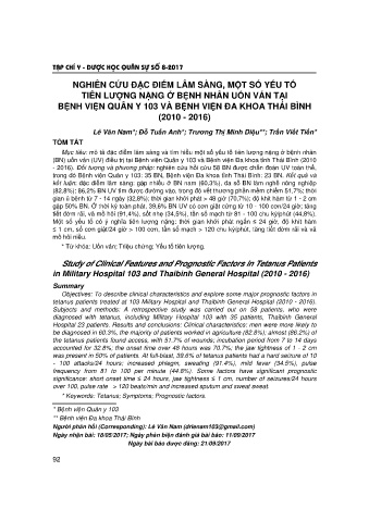 Nghiên cứu đặc điểm lâm sàng, một số yếu tố tiên lượng nặng ở bệnh nhân uốn ván tại bệnh viện quân y 103 và bệnh viện đa khoa Thái Bình (2010 - 2016)