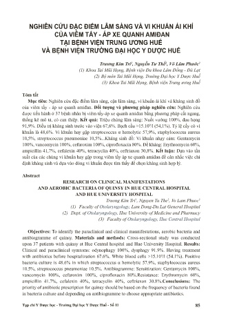 Nghiên cứu đặc điểm lâm sàng và vi khuẩn ái khí của viêm tấy - áp xe quanh amiđan tại bệnh viện trung ương Huế và bệnh viện trường đại học y dược Huế