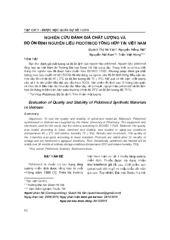Nghiên cứu đánh giá chất lượng và độ ổn định nguyên liệu pidotimod tổng hợp tại Việt Nam