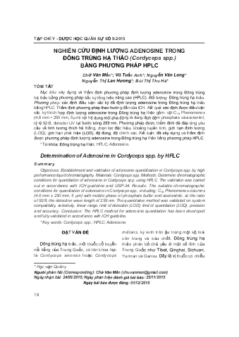 Nghiên cứu định lượng adenosine trong đông trùng hạ thảo (cordyceps spp.) bằng phương pháp hplc