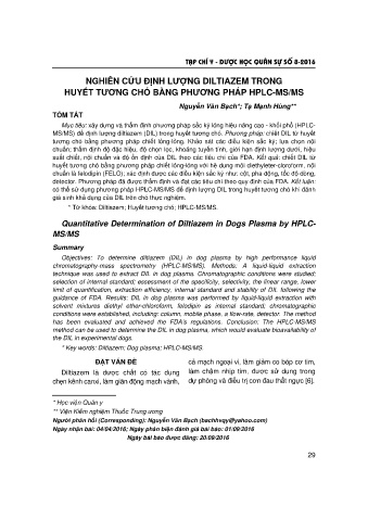 Nghiên cứu định lượng diltiazem trong huyết tương chó bằng phương pháp hplc - ms / ms