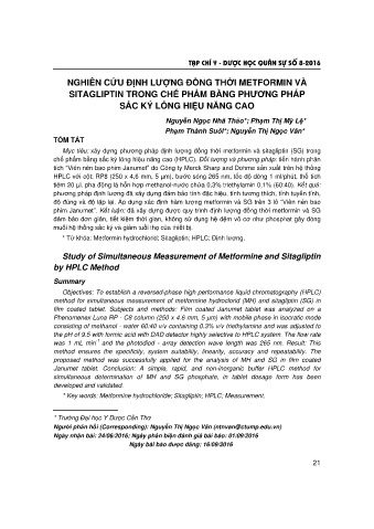 Nghiên cứu định lượng đồng thời metformin và sitagliptin trong chế phẩm bằng phương pháp sắc ký lỏng hiệu năng cao