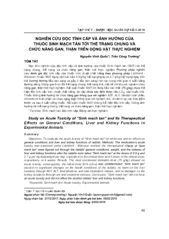 Nghiên cứu độc tính cấp và ảnh hưởng của thuốc sinh mạch tán tới thể trạng chung và chức năng gan, thận trên động vật thực nghiệm