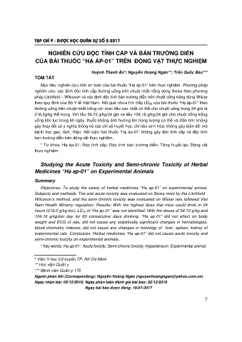 Nghiên cứu độc tính cấp và bán trường diễn của bài thuốc “hạ áp - 01” trên động vật thực nghiệm