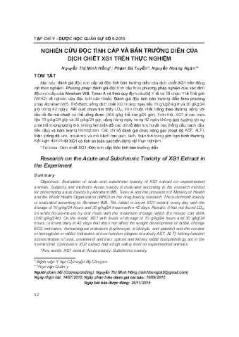 Nghiên cứu độc tính cấp và bán trường diễn của dịch chiết xg1 trên thực nghiệm
