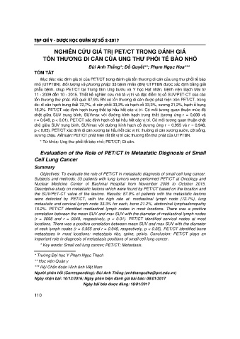 Nghiên cứu giá trị pet/ct trong đánh giá tổn thương di căn của ung thư phổi tế bào nhỏ
