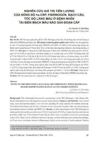 Nghiên cứu giá trị tiên lượng của nồng độ hs-crp, fibrinogen, bạch cầu, tốc độ lắng máu ở bệnh nhân tai biến mạch máu não giai đoạn cấp