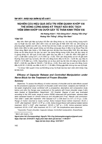 Nghiên cứu hiệu quả điều trị viêm quanh khớp vai thể đông cứng bằng kỹ thuật kéo bóc tách viêm dính khớp vai dưới gây tê thần kinh trên vai