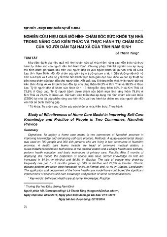 Nghiên cứu hiệu quả mô hình chăm sóc sức khỏe tại nhà trong nâng cao kiến thức và thực hành tự chăm sóc của người dân tại hai xã của tỉnh Nam Định