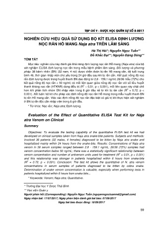Nghiên cứu hiệu quả sử dụng bộ kít elisa định lượng nọc rắn hổ mang naja atra trên lâm sàng