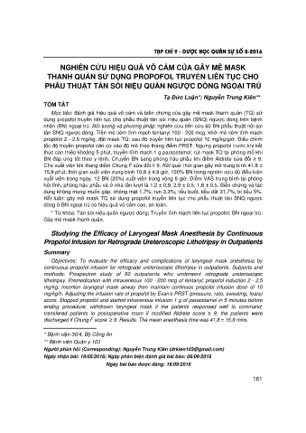 Nghiên cứu hiệu quả vô cảm của gây mê mask thanh quản sử dụng propofol truyền liên tục cho phẫu thuật tán sỏi niệu quản ngược dòng ngoại trú