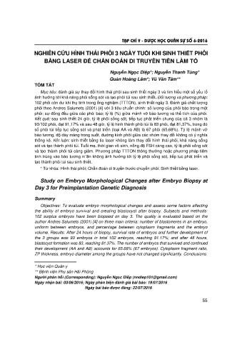 Nghiên cứu hình thái phôi 3 ngày tuổi khi sinh thiết phôi bằng laser để chẩn đoán di truyền tiền làm tổ