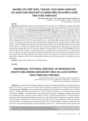 Nghiên cứu kiến thức, thái độ, thực hành chăm sóc sức khỏe sinh sản ở nữ vị thành niên tại huyện A Lưới, tỉnh Thừa Thiên Huế