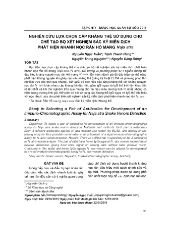 Nghiên cứu lựa chọn cặp kháng thể sử dụng cho chế tạo bộ ét nghiệm sắc ký miễn dịch phát hiện nhanh nọc rắn hổ mang Naja Atra
