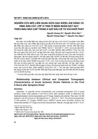 Nghiên cứu mối liên quan giữa đặc điểm lâm sàng và hình ảnh cắt lớp vi tinh ở bệnh nhân đột quỵ thiếu máu não cấp trong 6 giờ đầu kể từ khi khởi phát