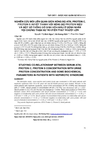 Nghiên cứu mối liên quan giữa nồng độ atiii, protein c, protein s huyết thanh với nồng độ protein niệu và một số thông số sinh hóa máu ở bệnh nhân hội chứng thận hư nguyên phát người lớn