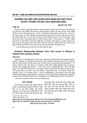 Nghiên cứu mối liên quan giữa nồng độ axít folic huyết tương với đột quỵ nhồi máu não