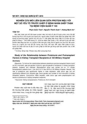 Nghiên cứu mối liên quan giữa protein niệu với một số yếu tố trước ghép ở bệnh nhân ghép thận tại bệnh viện quân y 103