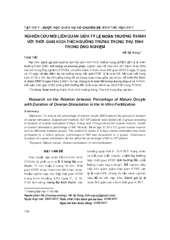 Nghiên cứu mối liên quan giữa tỷ lệ noãn trưởng thành với thời gian kích thích buồng trứng trong thụ tinh trong ống nghiệm