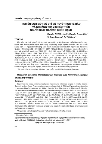 Nghiên cứu một số chỉ số huyết học tế bào và khoảng tham chiếu trên người bình thường khỏe mạnh