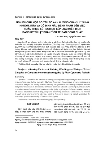 Nghiên cứu một số yếu tố ảnh hưởng của quy trình nhuộm rửa và cố định mẫu bệnh phẩm đến việc hoàn thiện xét nghiệm xếp loại miễn dịch bằng kỹ thuật phân tích tế bào dõng chảy