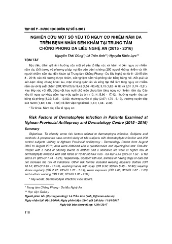 Nghiên cứu một số yếu tố nguy cơ nhiễm nấm da trên bệnh nhân đến khám tại trung tâm chống phong da liễu Nghệ An (2015 - 2016)