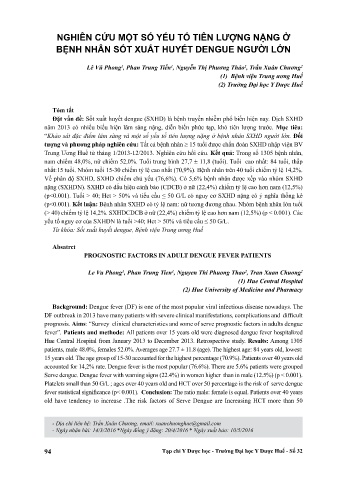 Nghiên cứu một số yếu tố tiên lượng nặng ở bệnh nhân sốt xuất huyết dengue người lớn