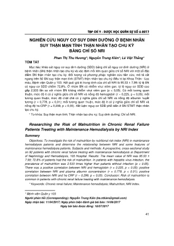 Nghiên cứu nguy cơ suy dinh dưỡng ở bệnh nhân suy thận mạn tính thận nhân tạo chu kỳ bằng chỉ số nri