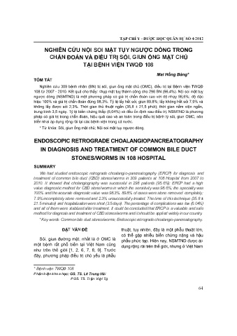 Nghiên cứu nội soi mật tụy ngược dòng trong chẩn đoán và điều trị sỏi, giun ống mật chủ tại bệnh viện TWQĐ 108