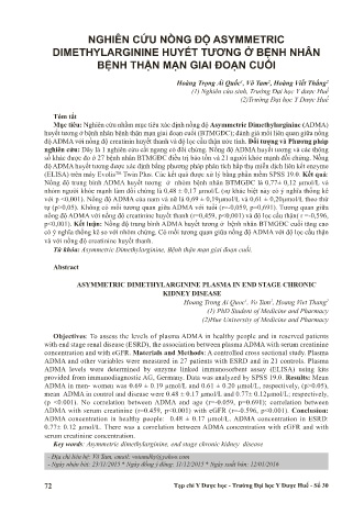 Nghiên cứu nồng độ asymmetric dimethylarginine huyết tương ở bệnh nhân bệnh thận mạn giai đoạn cuối