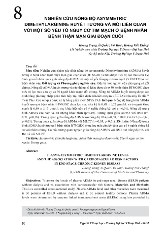 Nghiên cứu nồng độ asymmetric dimethylarginine huyết tương và mối liên quan với một số yếu tố nguy cơ tim mạch ở bệnh nhân bệnh thận mạn giai đoạn cuối