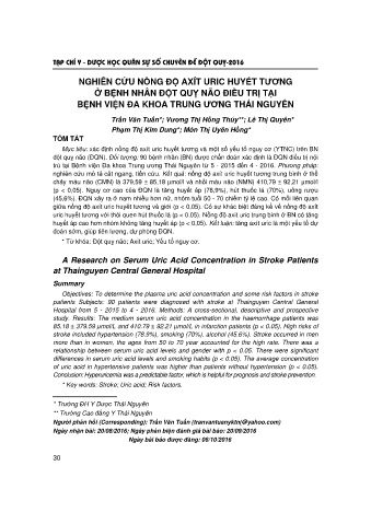 Nghiên cứu nồng độ axít uric huyết tương ở bệnh nhân đột quỵ não điều trị tại bệnh viện đa khoa trung ương Thái Nguyên