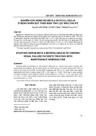 Nghiên cứu nồng độ beta 2 - Microglobulin ở bệnh nhân suy thận mạn tính lọc máu chu kỳ