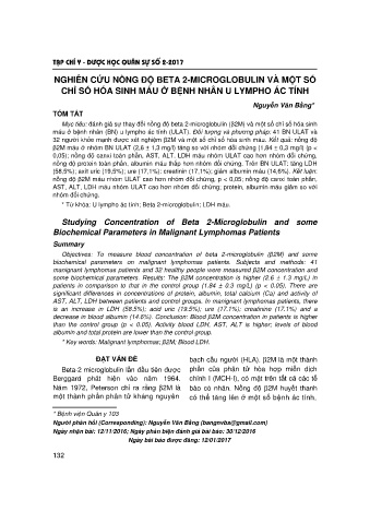 Nghiên cứu nồng độ βeta 2 - microglobulin và một số chỉ số hóa sinh máu ở bệnh nhân u lympho ác tính
