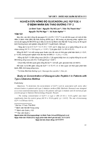 Nghiên cứu nồng độ glucagon-like peptide - 1 ở bệnh nhân đái tháo đường týp 2