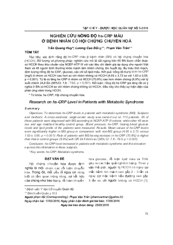 Nghiên cứu nồng độ hs-crp máu ở bệnh nhân có hội chứng chuyển hoá