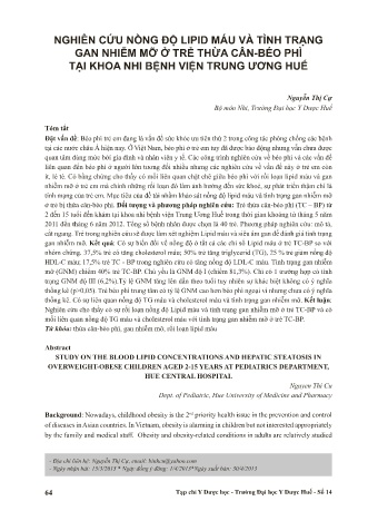 Nghiên cứu nồng độ lipid máu và tình trạng gan nhiễm mỡ ở trẻ thừa cân-béo phì tại khoa nhi bệnh viện trung ương Huế