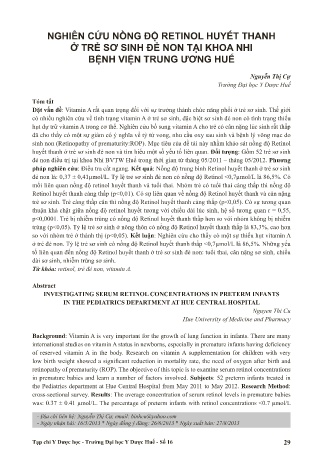 Nghiên cứu nồng độ retinol huyết thanh ở trẻ sơ sinh đẻ non tại khoa nhi bệnh viện trung ương Huế