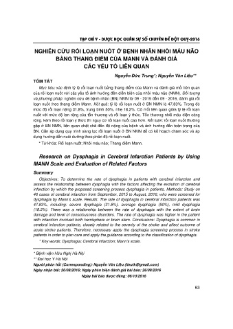 Nghiên cứu rối loạn nuốt ở bệnh nhân nhồi máu não bằng thang điểm của mann và đánh giá các yếu tố liên quan