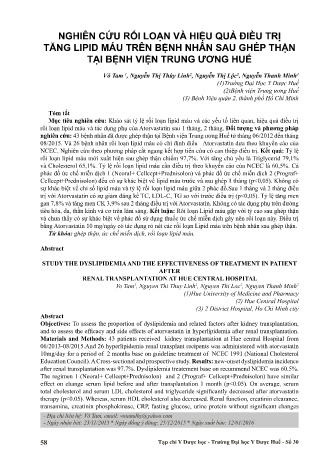 Nghiên cứu rối loạn và hiệu quả điều trị tăng lipid máu trên bệnh nhân sau ghép thận tại bệnh viện trung ương Huế