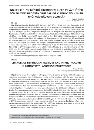 Nghiên cứu sự biến đổi fibrinogen, hscrp, vs và thể tích tổn thương não trên chụp cắt lớp vi tính ở bệnh nhân nhồi máu não giai đoạn cấp