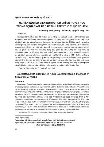 Nghiên cứu sự biến đổi một số chỉ số huyết học trong bệnh giảm áp cấp tính trên thỏ thực nghiệm