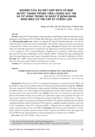 Nghiên cứu sự kết hợp SST2 và BNP huyết thanh trong tiên lượng suy tim và tử vong trong 30 ngày ở bệnh nhân nhồi máu cơ tim cấp st chênh lên
