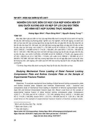 Nghiên cứu sức bền cơ học của nẹp khóa nén ép đầu dưới xương đùi và nẹp ốp lồi cầu đùi trên mô hình kết hợp xương thực nghiệm