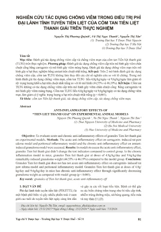 Nghiên cứu tác dụng chống viêm trong điều trị phì đại lành tính tuyến tiền liệt của cốm tan tiền liệt thanh giải trên thực nghiệm