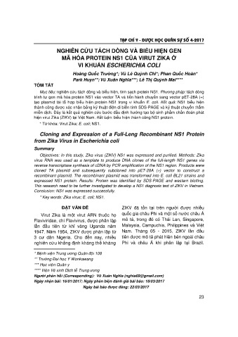 Nghiên cứu tách dòng và biểu hiện gen mã hóa protein ns1 của virut zika ở vi khuẩn escherichia coli