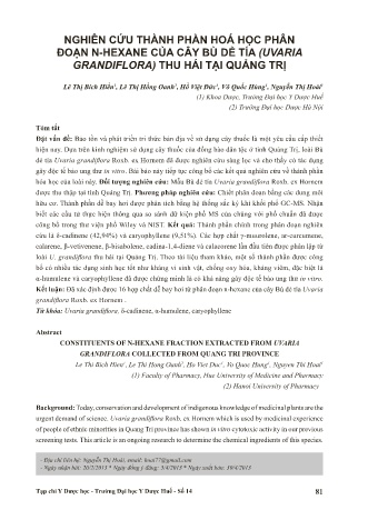 Nghiên cứu thành phần hoá học phân đoạn n-hexane của cây bù dẻ tía (uvaria grandiflora) thu hái tại Quảng Trị