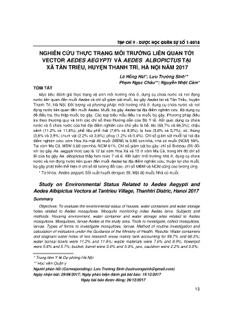 Nghiên cứu thực trạng môi trường liên quan tới vector aedes aegypti và aedes albopictus tại xã Tân Triều, huyện Thanh Trì, Hà Nội năm 2017