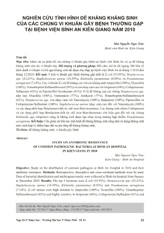 Nghiên cứu tình hình đề kháng kháng sinh của các chủng vi khuẩn gây bệnh thường gặp tại bệnh viện Bình An Kiên Giang năm 2010